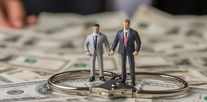 Two little figures standing in handcuffs